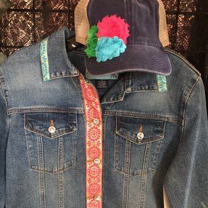TOO-SHE-SHE - wash-out denim jean jacket with metalic ribbon trim size M